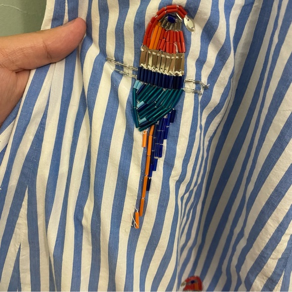 Anthropologie Maeve Tie Back A Line Maxi Dress Striped Blue Beaded Birds 22W - Picture 5 of 16